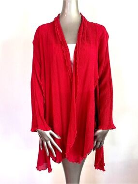 URU 100% Silk Red Crinkle Cardigan Duster OS Made in USA Lightweight